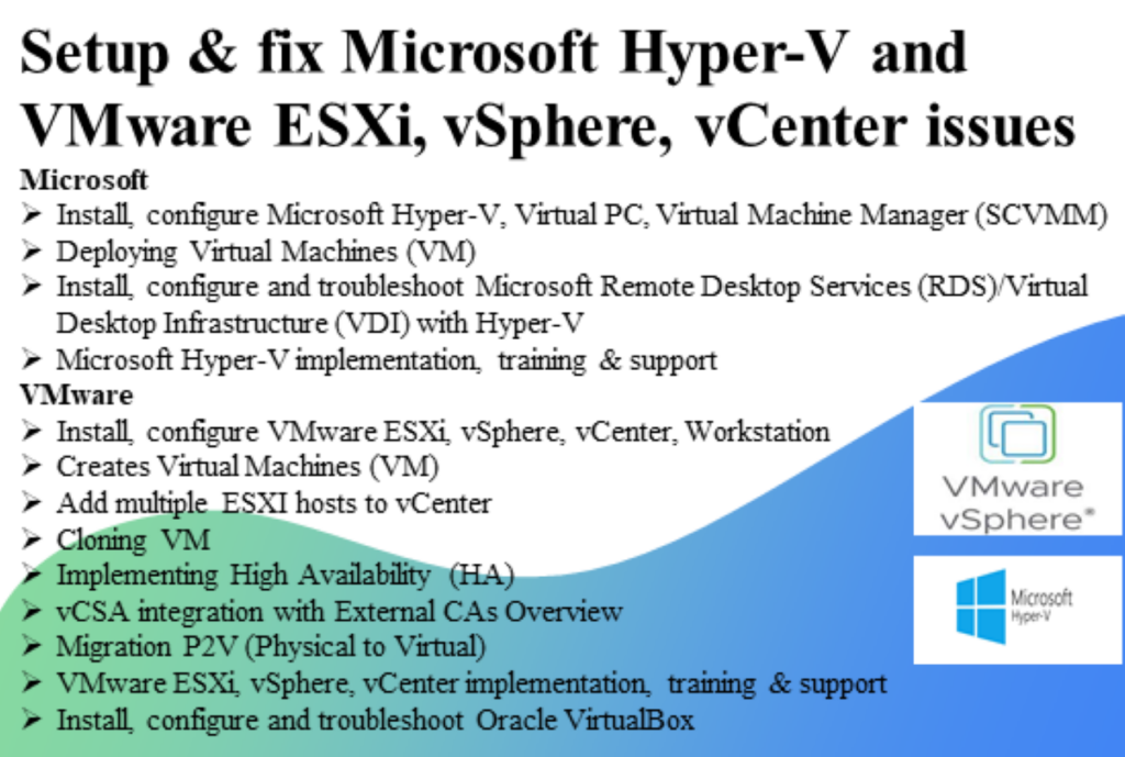 setup and fix vmware esxi, vcenter, vsphere ha and microsoft hyper v, vdi issues - portfolio - 0