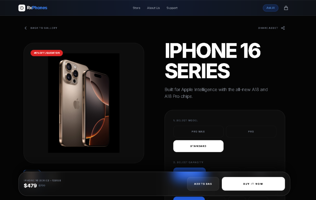 RxPhones est une plateforme de commerce électronique haut de gamme, à l’esthétique furtive, spécialisée dans la liquidation des iPhones premium - portfolio - 1