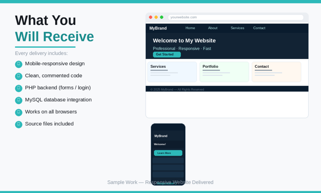 I will build a responsive website using HTML, CSS, javascript, PHP, and mysql - portfolio - 1