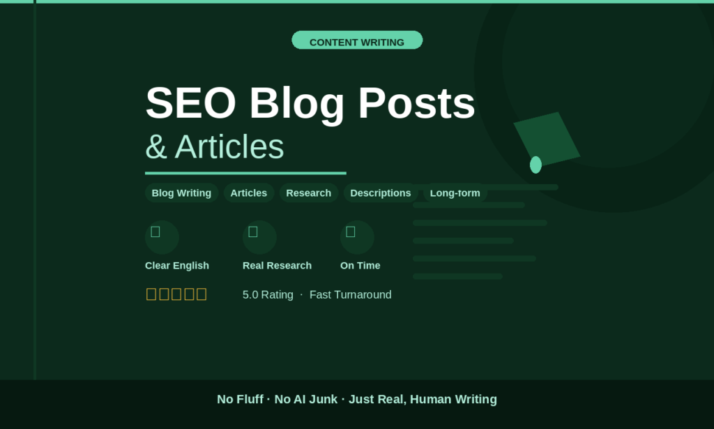 J’écrirai des articles de blog et des articles de recherche adaptés au SEO de manière claire et engageante - portfolio - 0