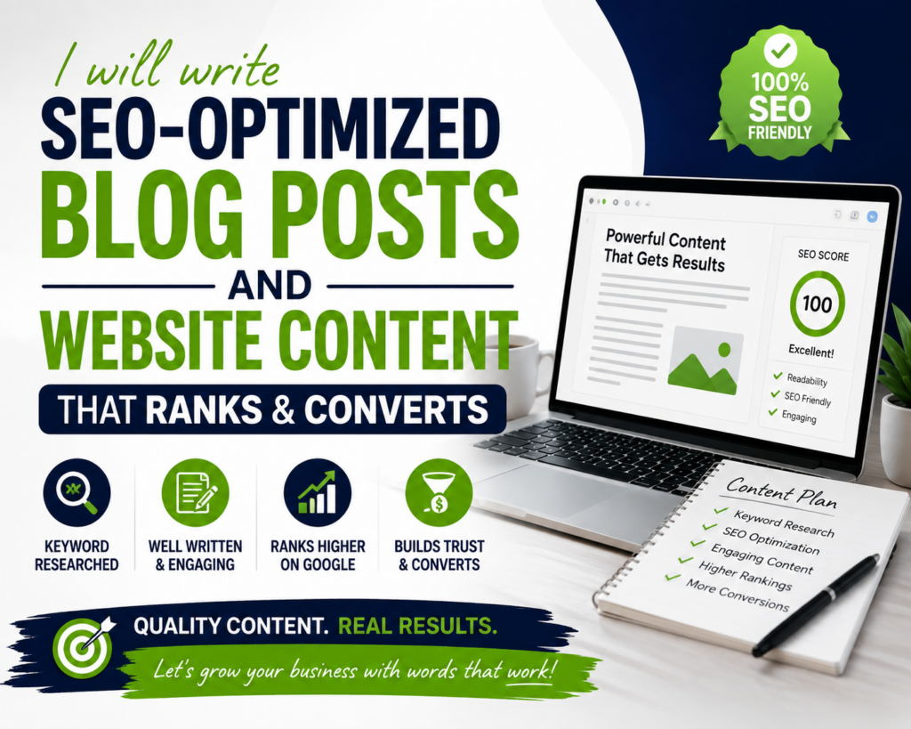 I will write SEO-optimized blog posts and website content that ranks and converts