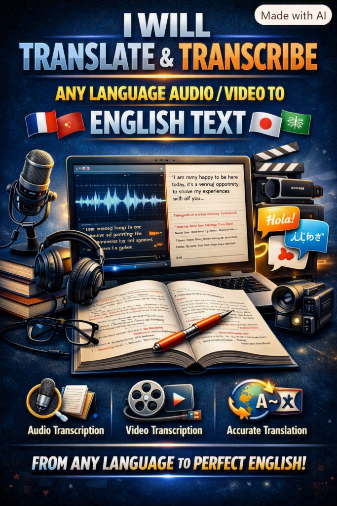 I will translate and transcribe any language audio or video into English text