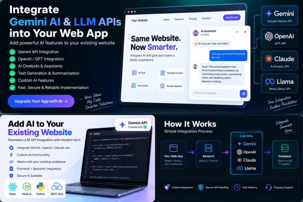 J’intégrerai Gemini AI et les API de modèles de langage (LLM) à votre application web