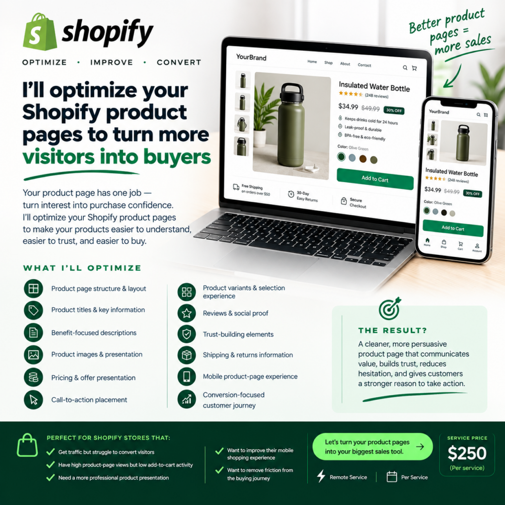 سأقوم بتحسين صفحات منتجات Shopify الخاصة بك لتحويل المزيد من الزوار إلى مشترين