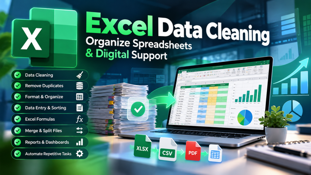 Je nettoierai vos données Excel, organiserai vos feuilles de calcul et fournirai une assistance numérique