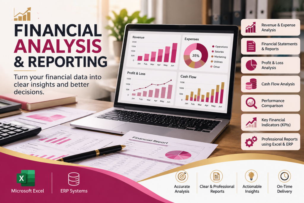 📊 **حوّل بياناتك المالية إلى قرارات أوضح وأذكى!** أقدم خدمات التحليل المالي وإعداد التقارير لمساعدتك على فهم أداء نشاطك واتخاذ قرارات مالية أفضل. ✅