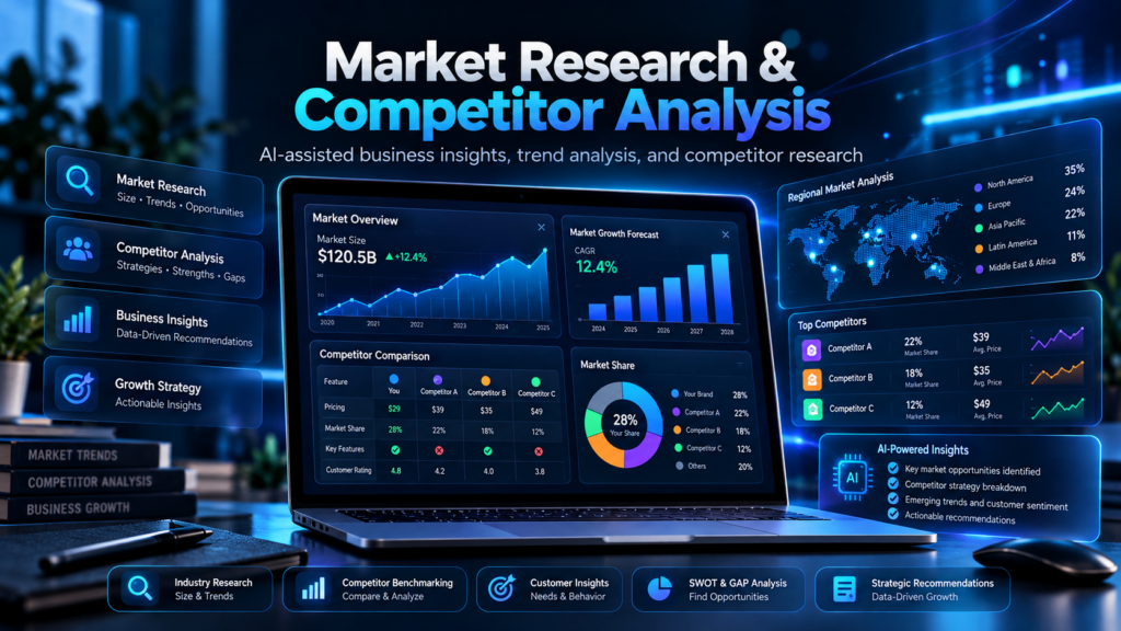 I will conduct market research, competitor analysis and online business research