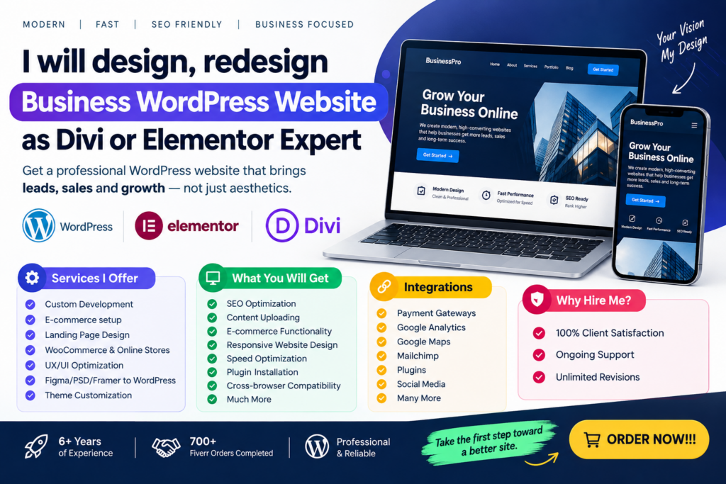 Je vais concevoir et refondre des sites WordPress professionnels en tant qu’expert Divi et Elementor