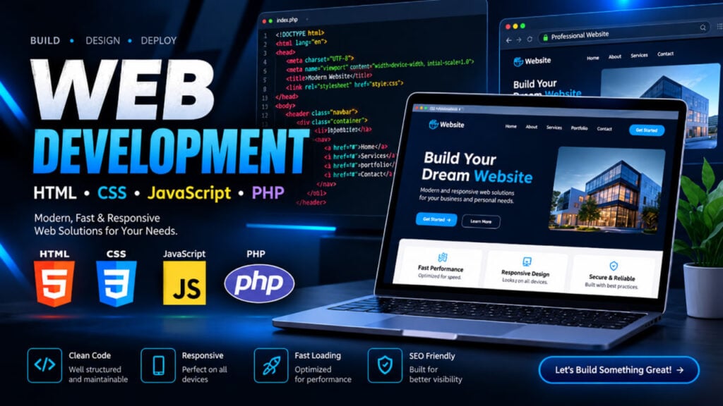 سأبني موقعًا إلكترونيًا احترافيًا ومتجاوبًا باستخدام HTML وCSS وJavaScript وPHP